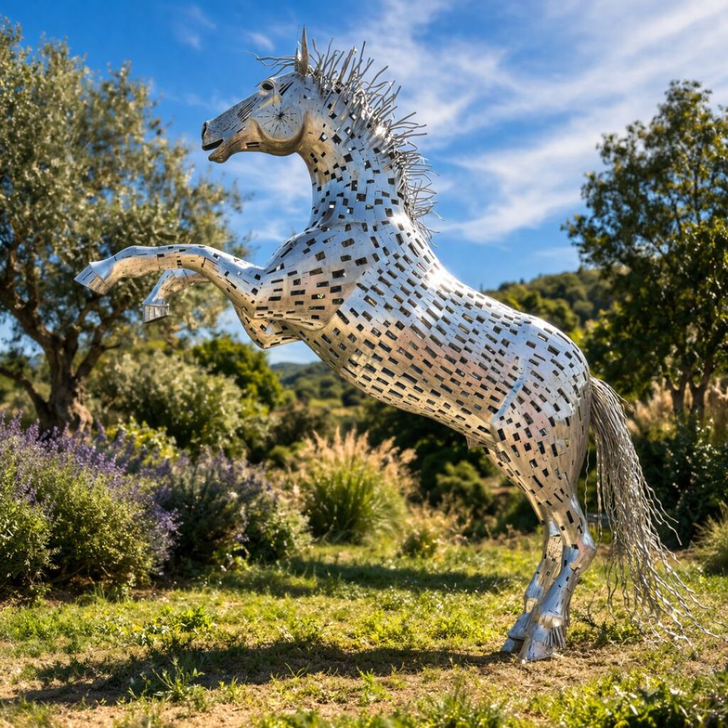 Cheval monumental en inox – Galain L’artiste Galain en inox, pensée pour dialoguer avec l’espace extérieur. Cette sculpture représente un cheval puissant et élancé, dont les lignes épurées et la surface réfléchissante captent la lumière et transforment l’environnement au fil de la journée.