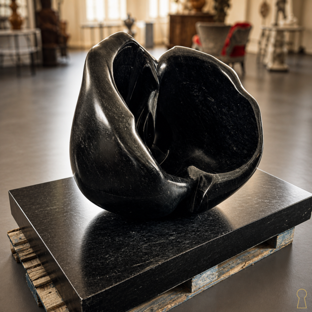Sculpture en marbre noir représentant une rose en pleine éclosion, aux formes organiques et enveloppantes. Cette œuvre joue avec la matière et la lumière, révélant des courbes profondes et une présence presque sensuelle. Pièce décorative forte, idéale en intérieur comme en extérieur.