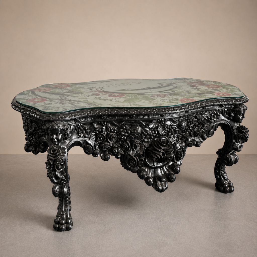 Table style rococo laqué noir avec plateau en verre signé Gari