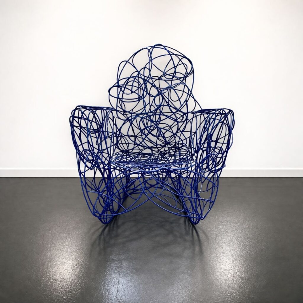 Fauteuil Rockinchair en métal bleu signé Gérard Coquelin dit Coco, mobilier d’artiste contemporain en fil métallique sculpté.