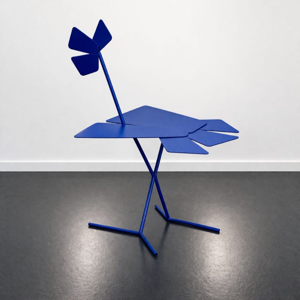 Table d’appoint design en métal bleu profond réalisée par l’artiste français Gérard Coquelin alias Coco.