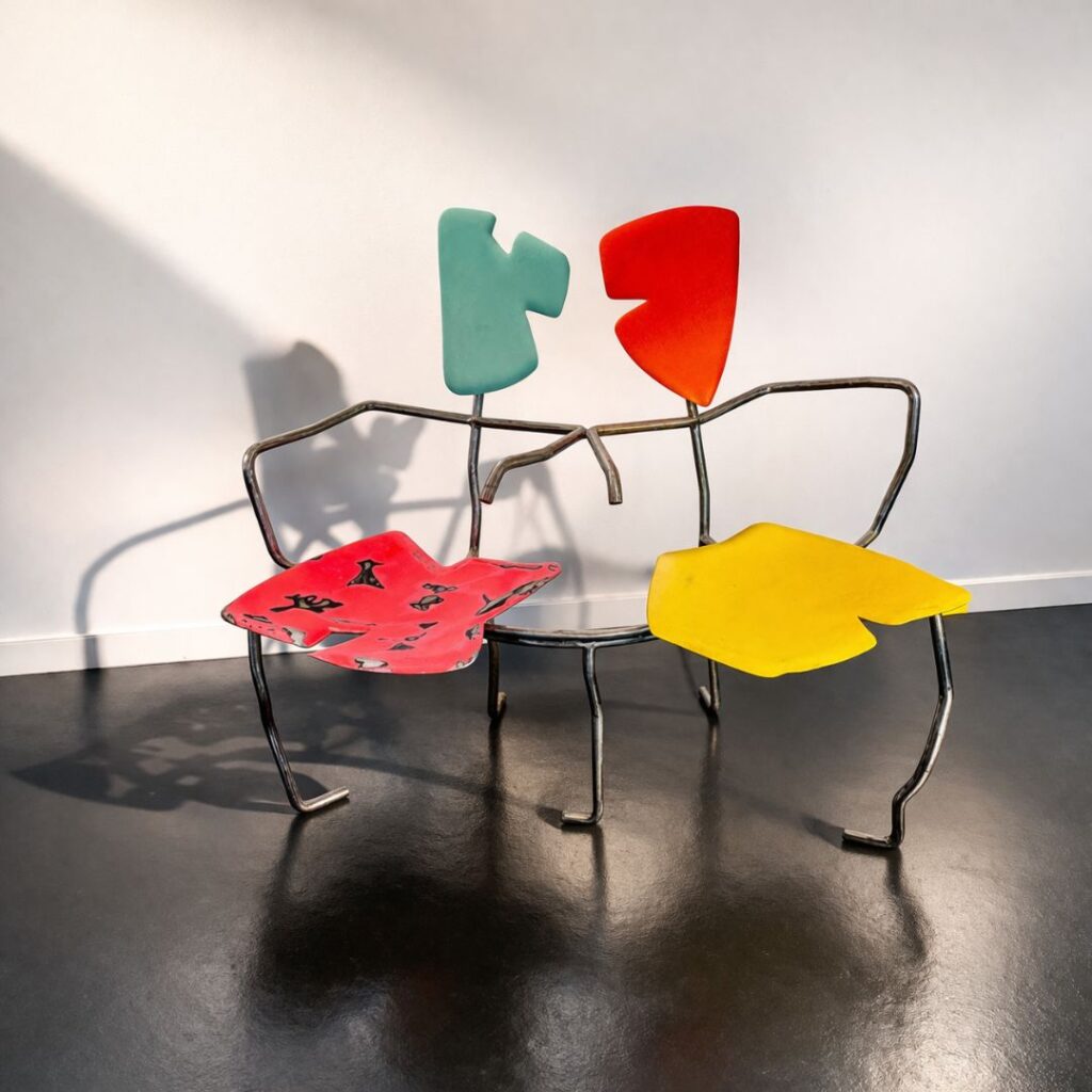 Fauteuil Duo en métal multicolore signé Gérard Coquelin alias Coco, mobilier d’artiste contemporain au design original.