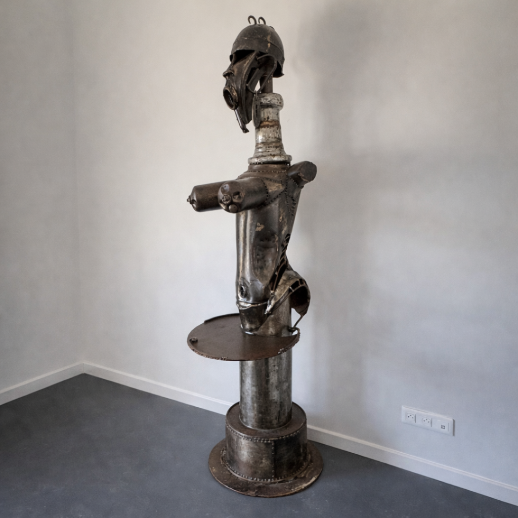 Sculpture contemporaine signée par l’artiste français Serge Roca, réalisée à partir d’éléments métalliques assemblés et détournés. L’œuvre se distingue par son esthétique brute et expressive, mêlant puissance industrielle et inspiration ethnique. Le travail des volumes, des textures et des soudures apparentes confère à la pièce une forte présence sculpturale. Les nuances métalliques patinées renforcent son caractère unique et contemporain. Une création singulière, idéale dans un intérieur contemporain, une galerie ou un espace au style industriel et artistique. Dimensions: l. 51 cm x prof. 60 cm x h. 210 cm Métal assemblé et travaillé
