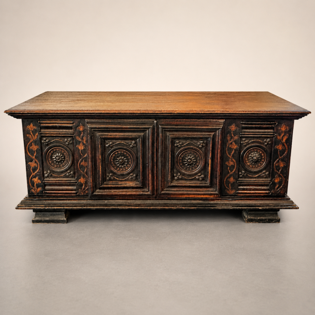 Coffre ancien style louis XIV en noyé avec portes coulissantes
