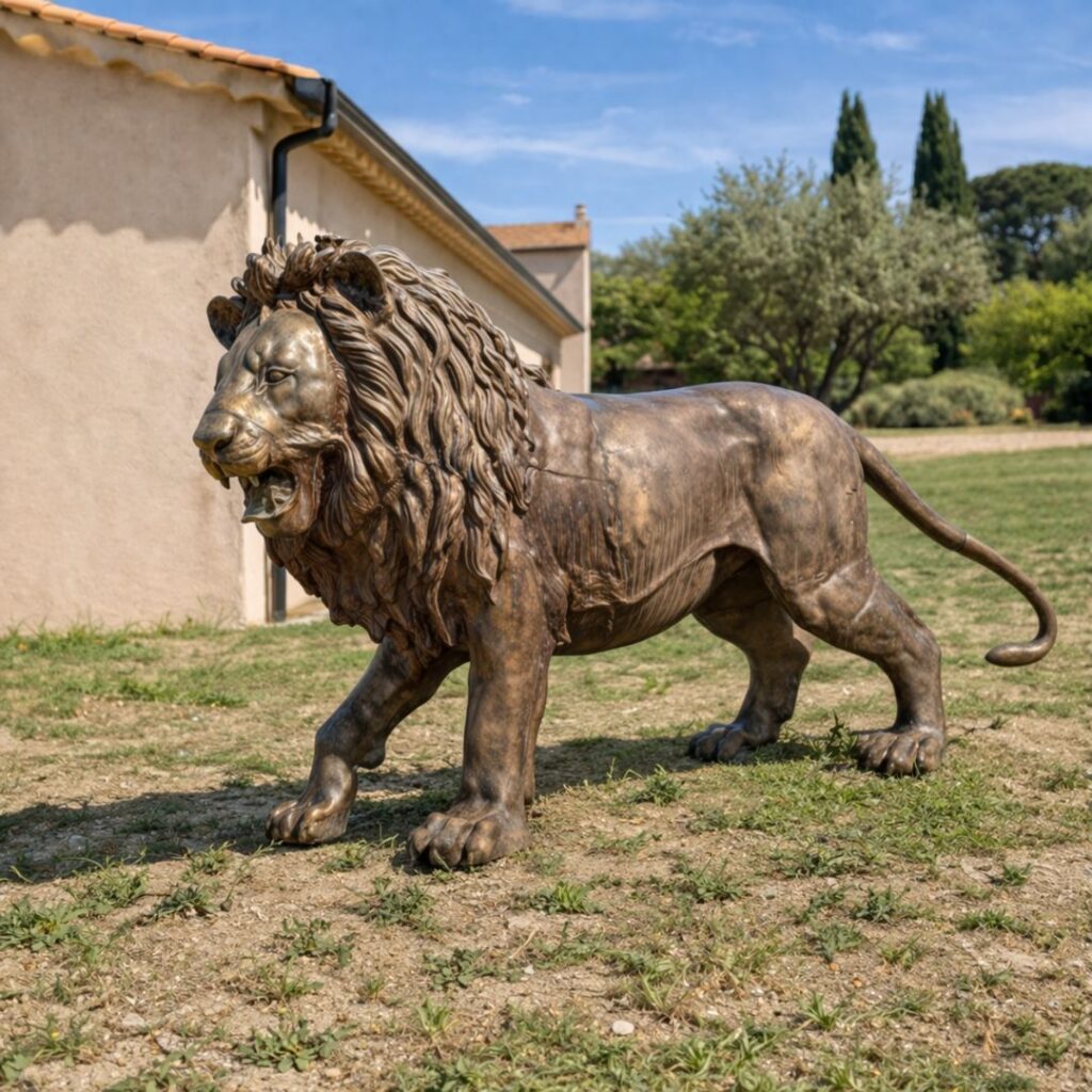 Lion en bronze grandeur nature installé en extérieur, sculpture animalière décorative pour jardin et propriété de prestige.