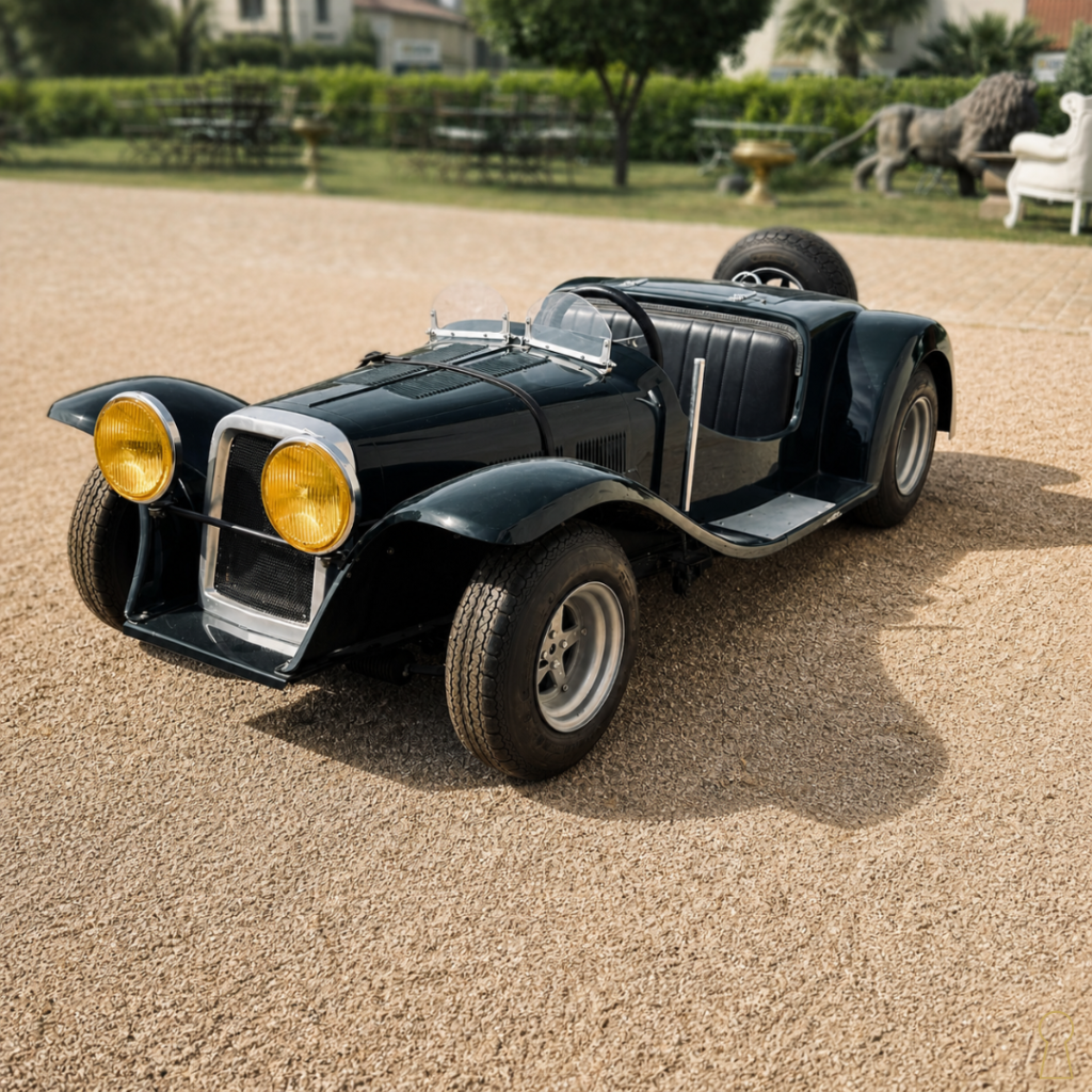 Voiture d’enfant style Jaguar ancienne avec moteur thermique, fabrication française, modèle de collection vintage et décoratif.