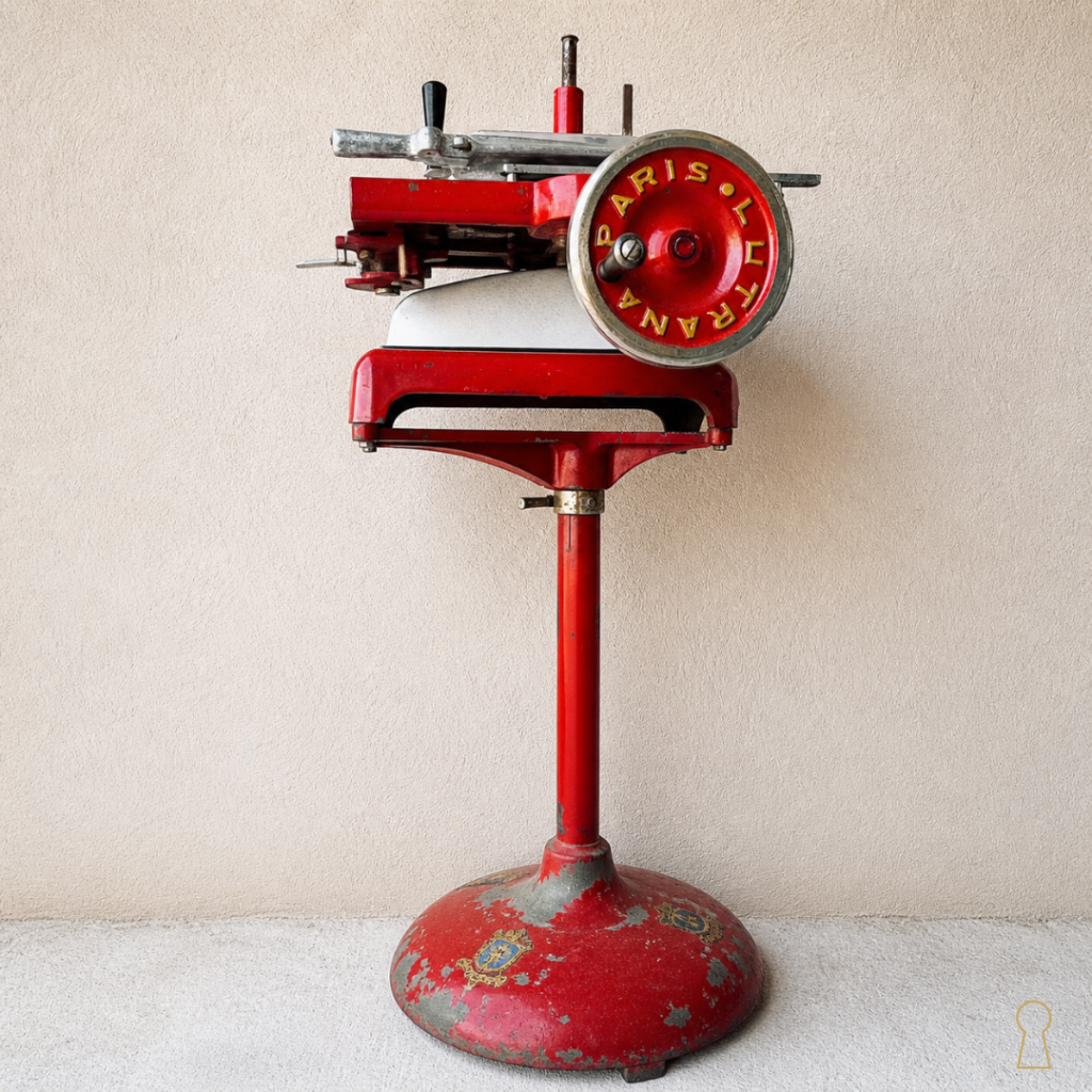 Ancienne machine à trancher Lutrana Paris sur pied en métal rouge, objet vintage de boucherie et décoration industrielle.