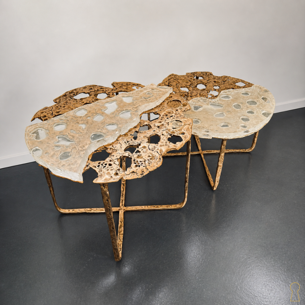 Tables basses Orga issues d’une collaboration entre le sculpteur Nico Tournaire et le verrier Jean-Marie Le Goff. Le bronze poli aux formes organiques dialogue avec des plateaux en verre travaillés dans un esprit minéral et aérien. Le jeu entre transparence, matière brute et reflets métalliques confère à l’ensemble une présence artistique forte et contemporaine. Des pièces rares, à la frontière entre mobilier d’artiste et sculpture contemporaine.