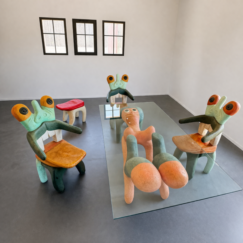 Salon “Barbe Bleue” de Charles Semser avec table en verre, fauteuils et tabouret en résine polyester, sculpture mobilier contemporaine.